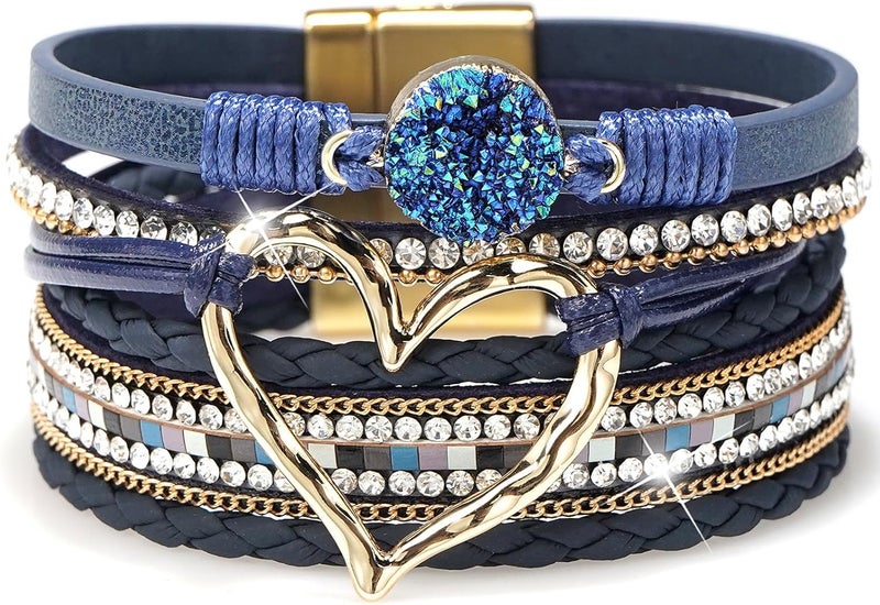 Suyi Multilayer Leather Wrap Bracelet Heart-Shape Wide Cuff Bracelets for Women - Image 1
